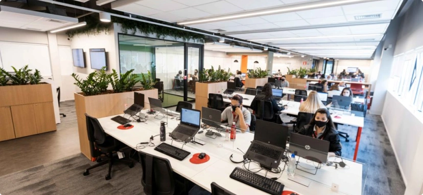 Escritório em formato open space da Patrus com equipes integradas